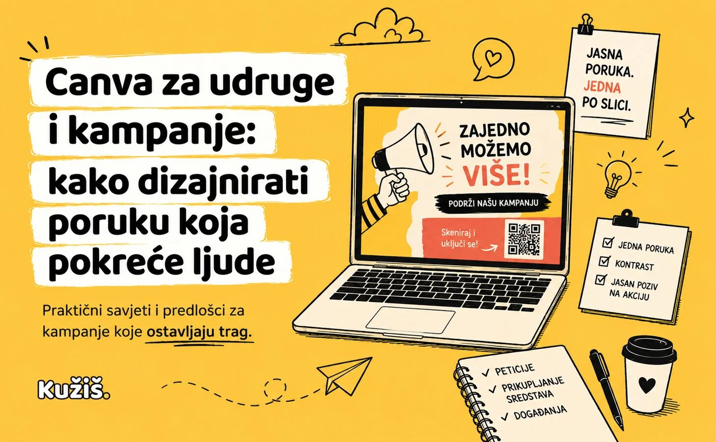 Vizual kampanje s jednom porukom, kontrastnim bojama i QR kodom za akciju