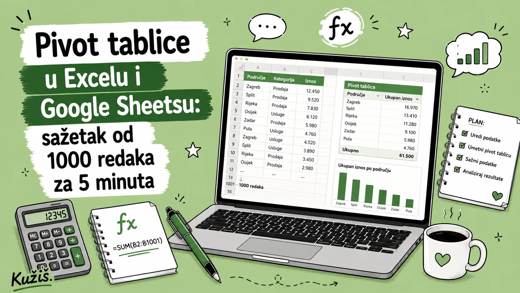 Pivot tablice u Excelu i Google Sheetsu: sažetak od 1000 redaka za 5 minuta