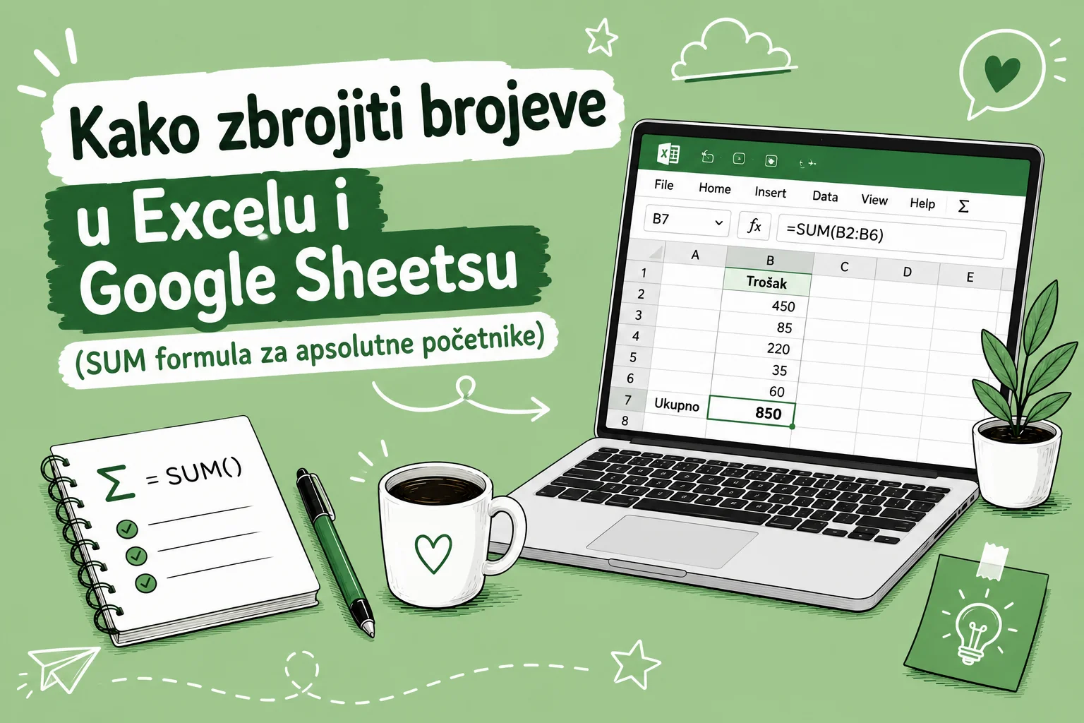 Kako zbrojiti brojeve u Excelu i Google Sheetsu (SUM formula za apsolutne početnike)
