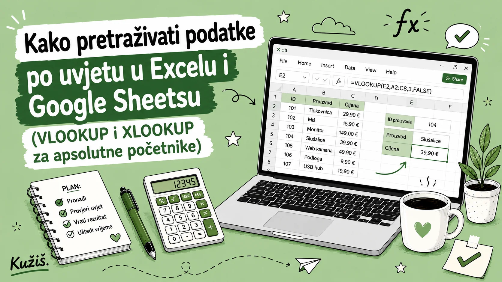 Kako pretraživati podatke po uvjetu u Excelu i Google Sheetsu (VLOOKUP i XLOOKUP za apsolutne početnike)